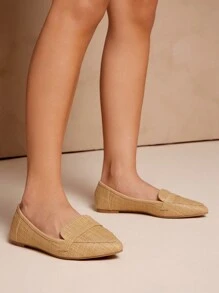 SHUZIA 拉菲草尖头便士乐福鞋一脚蹬平底鞋 - 綠色 - 查看 4