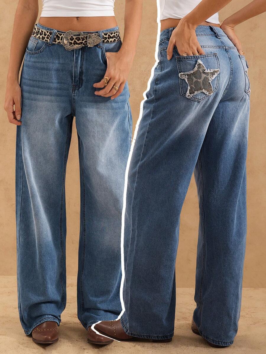 Forever 21 Quần Jeans ống đứng dáng rộng thường ngày họa tiết da báo và túi vá hình ngôi sao cho nữ - Rửa trung bình - Xem 1