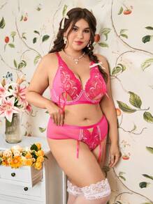 2pcs/Set Plus Size Lace & Mesh Patchwork Underwire Sexy Lingerie Set - Hot Pink - View 3