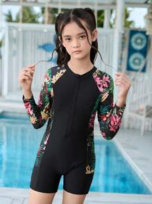 SHEIN Tween 女童热带植物印花修身短袖连体泳衣，休闲度假，适合春夏旅行，海滩度假，黑色泳衣