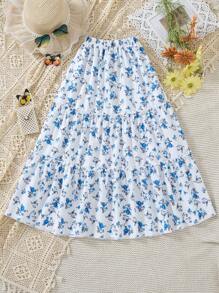 Tween Girls' Holiday Style Ditsy Floral Layered Patchwork Maxi Skirt, Suitable For Spring/Summer,Holiday,Summer,Travel - Blue - View 2