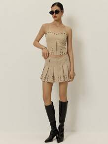 Poéselle Damen Nieten Rock Khaki Rock Lässig Damen Plissee Personalisiert Taillengürtel Mini Rock Damen Röcke Sommer Damen Boho Sommer Western Wear Damen Y2k Frühling Damen Damen Süß Lässig Damen Röcke Unterteil Konzert Damen Sommer Shirts Cowgirl Sommer Streetwear Western Damen Streetwear Damen Frühling - Khaki - Übersicht 2