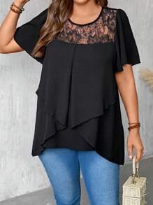 EMERY ROSE Blusa de verano de talla grande para mujer con mangas cortas, ajuste regular, de gasa de unicolor con encaje de contraste y bajo acampanado