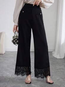 Modelyn Fashionable Casual Lace Trim Wide Leg Pants - Black - View 1