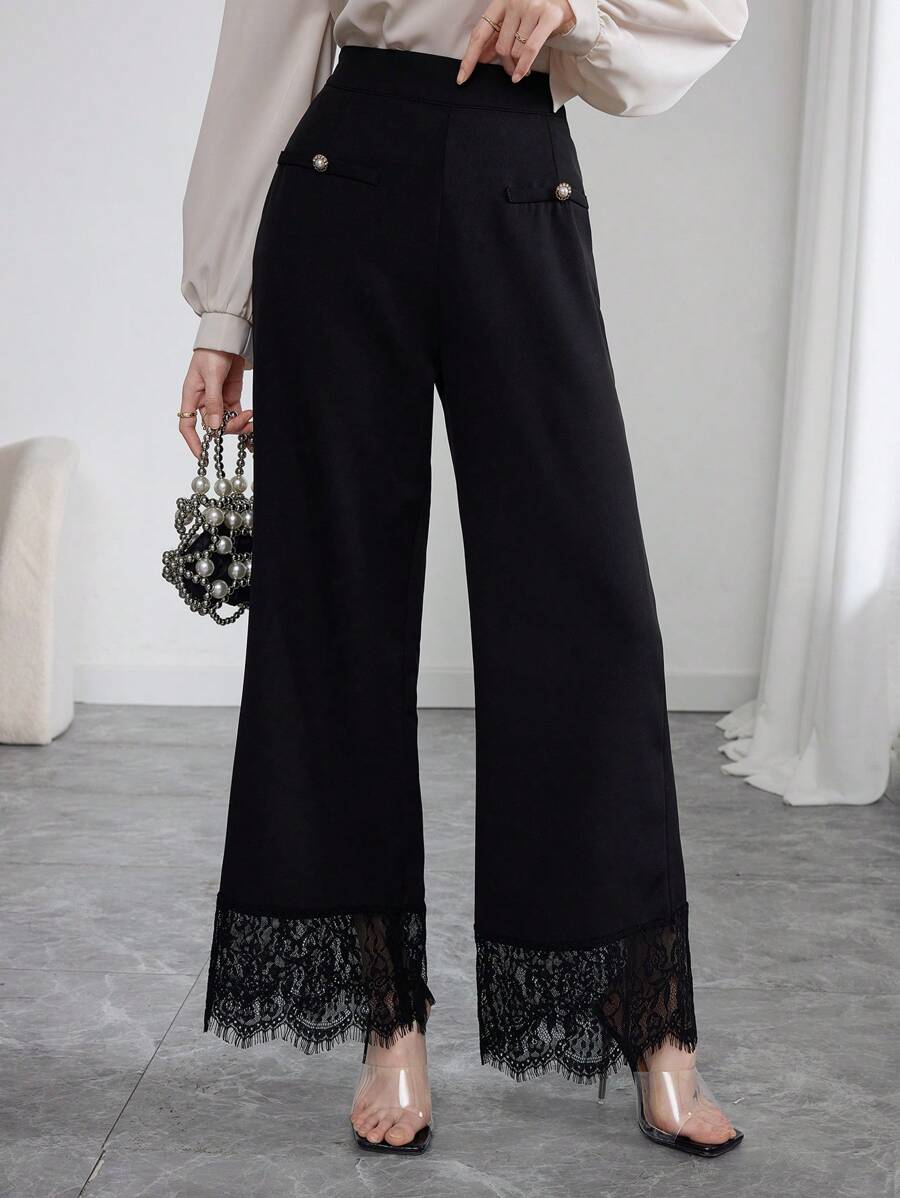 Modelyn Fashionable Casual Lace Trim Wide Leg Pants - Black - View 1