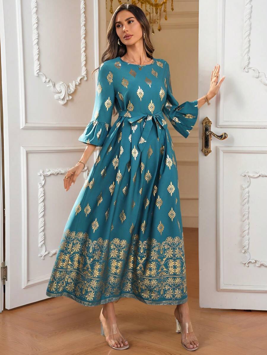 EMERY ROSE Women's Round Neck Printed Pleated Simple Casual Long Dress - Multicolor - View 1