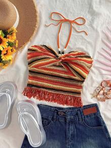 Soleia Débardeur à col ras-du-cou rayé pour femme, tenue de plage et de villégiature d'été - Multicolore - Voir 7