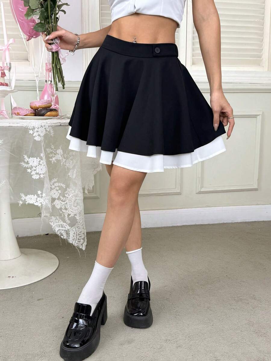 SHEIN EZwear 女式撞色纽扣细节短款 A 字裙 - 黑色 - 查看 1