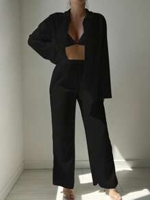 SHEIN Swim 2pcs Spring Break Set Women Solid Color Long Sleeve Turndown Collar Cover Up And High Waist Straight Leg Pants, Casual Vacation Outfit For Summer - Black - View 4