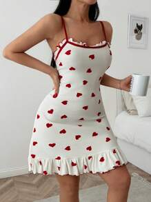 RueChic Women Cotton Soft Touch Contrast Colour Piping &Heart Pattern&Striped With Ruffle Detail Homewear Lounge Dress - Red and White - View 3