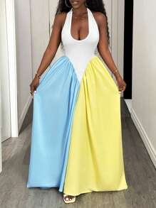 BamGleam 度假休闲性感挂脖露背 V 领无袖撞色拼接设计连衣裙女装夏季新款性感时尚修身百褶长款夏季长裙舒适连衣裙女式休闲太阳裙 - 彩色 - 查看 3