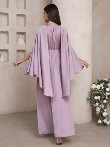 Veilorie Women's Solid Color Round Neck Poncho Sleeve Elegant Arabic Style Dress - Dusty Pink - View 2