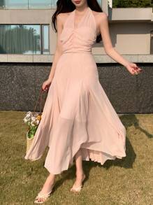 DAZY 女士修身喇叭雪纺中长连衣裙，带挂脖领、系带和喇叭下摆，适合约会之夜、正式女士连衣裙