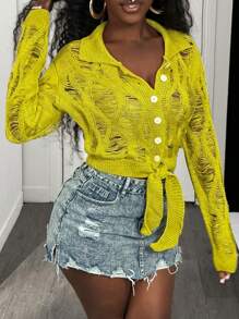 BamGleam Cardigan con botones y cierre de lazada con diseño hueco para mujeres