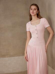 MOTF PREMIUM VESTIDO PLISADO CON RIBETE DE CONTRASTE - Rosa - Ver 4