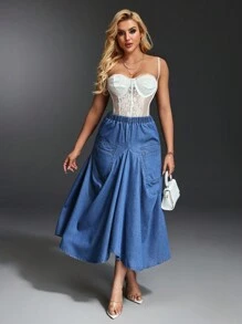 SHEIN BAE Women's Elastic Waist Long Casual Denim A-Line Skirt - Blue - View 5