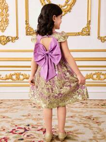 SHEIN Young Girl Woven Ruffled Fitted Dress Formal Outfit - Purple - View 2