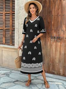 EMERY ROSE Women's Floral Print V-Neck Short Sleeve Loose Mid-Length Dress, Suitable For Vacation - Multicolor - View 5