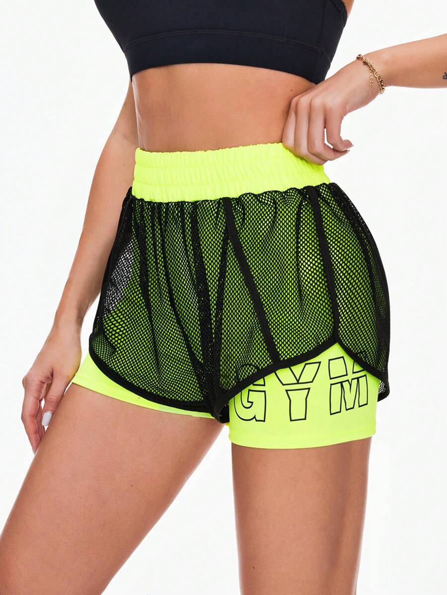 SHEIN Sports 女式高腰网眼霓虹色运动短裤，带附加层毛衣短裤 - 彩色 - 查看 1