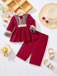 SHEIN Baby Girl Cute Retro Burgundy Long Sleeve Top & Elastic Waist Pants 2pcs Set, Spring/Summer