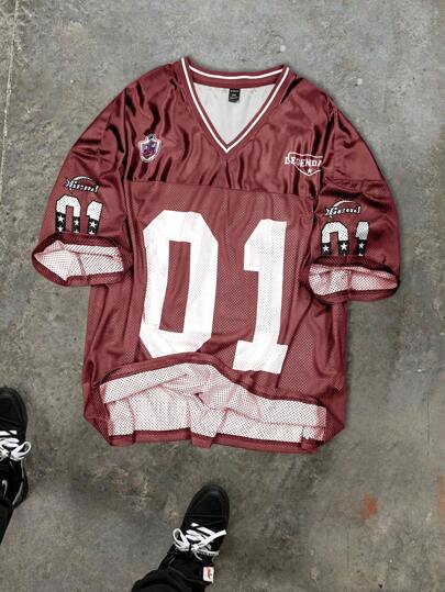 Manfinity Sporsity Plus Size Men's V-Neck Mesh Fabric Digit Print Short Sleeve Soccer Jersey Sports T-Shirt