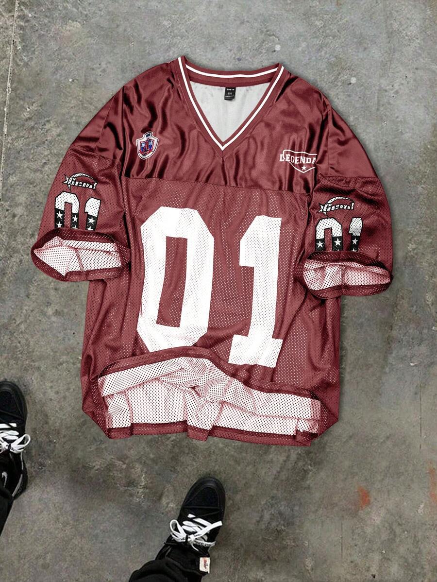 Manfinity Sporsity Plus Size Men's V-Neck Mesh Fabric Digit Print Short Sleeve Soccer Jersey Sports T-Shirt