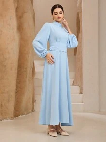 Graceveil Vestido elegante de mujer de unicolor con cuello alto y mangas farol