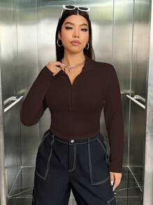 SHEIN EZwear Plus Size Women Solid Color Turndown Collar Long Sleeve Casual T-Shirt
