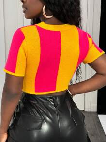 BamGleam Sporty Color Block Striped Short Sleeve Cropped Knit Top - Coral Orange - View 2