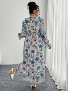 Modelyn Vestido de manga larga con estampado floral vintage de gasa con nudo delantero para mujer de talla grande - Azul - Ver 2