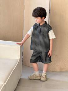 SHEIN Leap Crew 2 Packs Young Boys Boys' Casual Sports College Art Retro Japanese And Korean Loose-Fitting Striped 2 In 1 T-Shirt And Shorts Set Suitable For Kids Outfits Young Boy Clothes Back To School Boys Set Suitable For Birthday Parties, Evening Parties, Performances, Weddings, Baptisms, Opening Ceremonies, Daily Suitable For Daily Use Suitable For School Suitable For Travel Suitable For Sports Suitable For Spring And Summer Seasons - Black - View 4