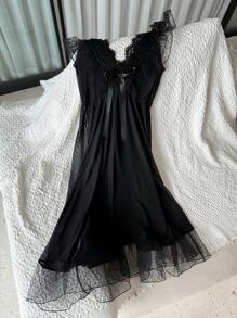 DAZY Cămașă de noapte cu decolteu în V adânc din dantelă din plasă transparentă pentru femei