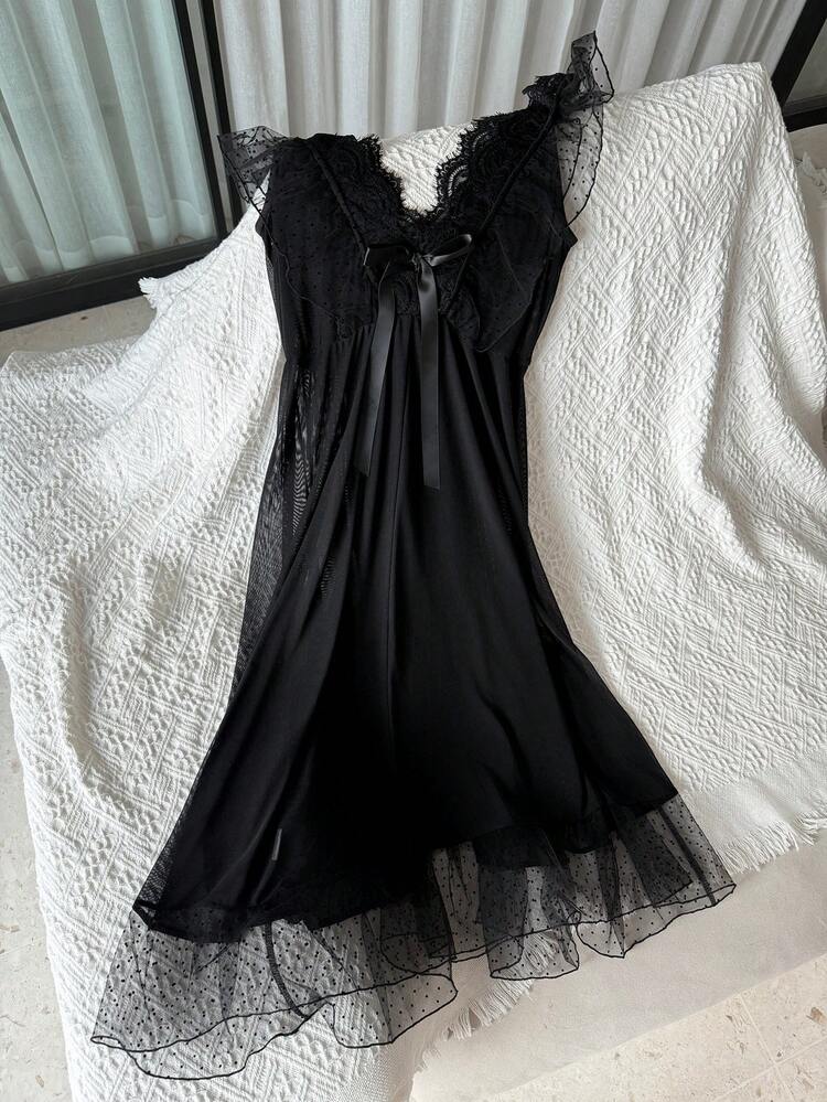Women's Sexy Contrast Lace Sheer Mesh Ruffle Trim Deep V-Neck Nightgown Lingerie For Women