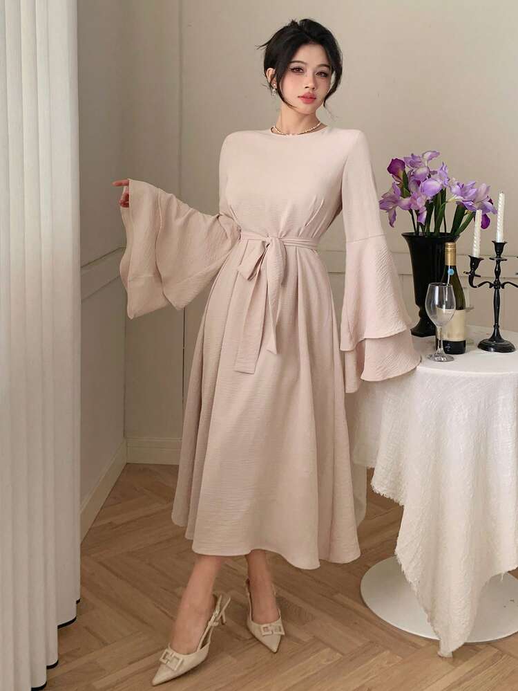 Solid Color Round Neck Flare Sleeve Waisted Mid-Length Dress For Women Prom Dress,Ruffle,Dress For Wedding,Fall Dress Long Sleeve Dress Elegant Women Dresses Maxi Dress