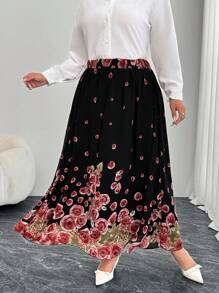 Modelyn Falda de corte evasé con estampado floral para tallas grandes, ajuste regular para primavera/verano - Multicolor - Ver 1