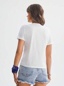 SHEIN LUNE 节日必备亮片女士圆领短袖休闲 T 恤 - 白色 - 查看 4