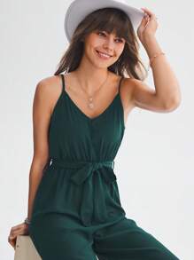 EMERY ROSE Women'S Adjustable Shoulder Strap Jumpsuit With Adjustable Drawstring Waistband - Dark Green - View 1