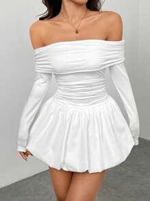 SHEIN PETITE Women's Solid One-Shoulder Long Sleeve Ruffle Hem Mini Dress For Spring & Autumn