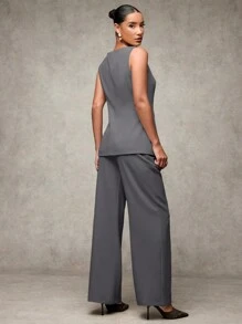 SHEIN BAE Women's Metal Floral Decor Sleeveless Jacket And Pants Fashionable Suit Set In Fall/Winter - Dark Grey - View 4