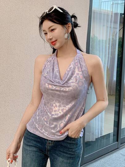 DAZY Women's Leopard Print Backless Fitted Elegant Sexy Halter Top, Summer Going Out Tops