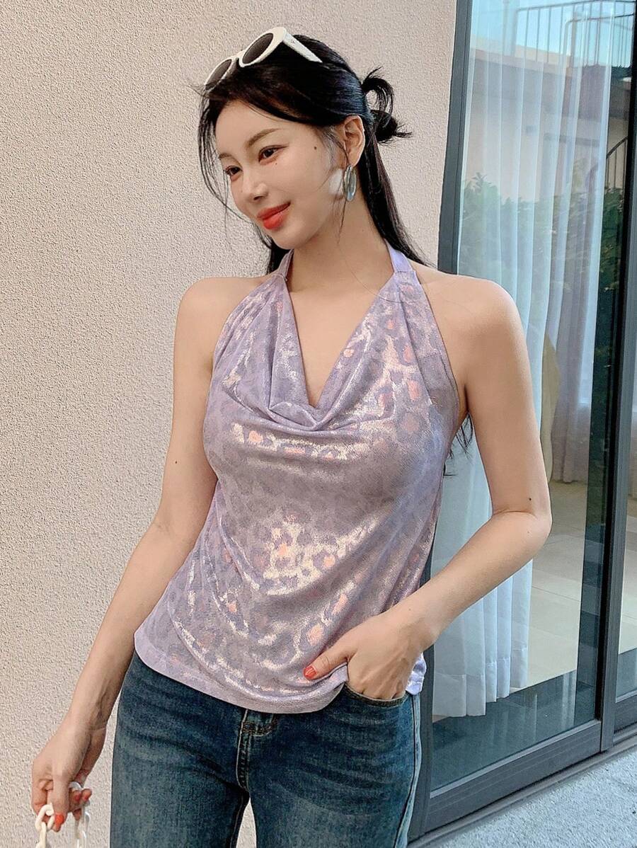 DAZY Women's Leopard Print Backless Fitted Elegant Sexy Halter Top, Summer Going Out Tops - Mauve Purple - View 1