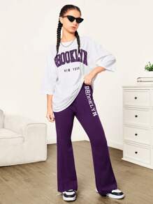SHEIN Teen Girl 2pcs/Set Loose Letter Printed Knit Mid-Sleeve T-Shirt And Flared Pants Casual Sports Outfit Clothing,Graduation Outfit Graduation Outfit - Purple - View 5