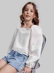 Ontre Tween Girl 复古花卉方领泡泡袖刺绣可爱蝴蝶结镂空短款上衣，休闲套头衬衫，适合夏季和春季 - 白色 - 查看 1