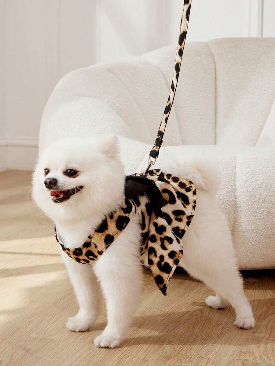PETSIN 1 Set Pet Fashionable Leopard Print Bow Decor Harness & Leash Suit, For Cats And Dogs