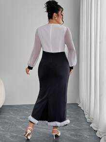 Modelyn Plus Size Chiffon Ruched Colorblock Elegant Dress - Black and White - View 2