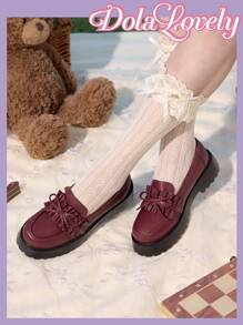 Dola Lovely 女士棕色可爱简约百搭洛丽塔厚底平底鞋 - 酒紅色 - 查看 1