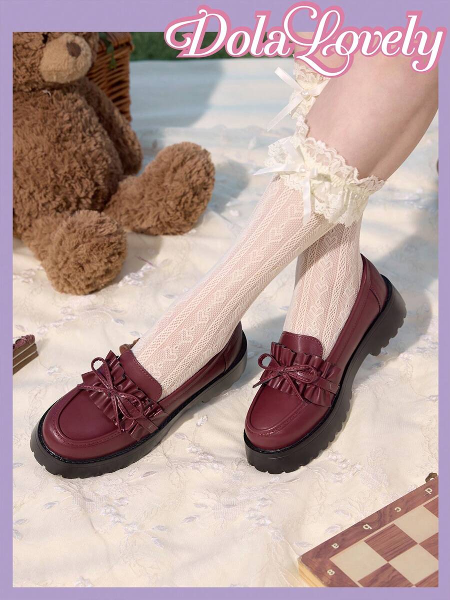 Dola Lovely 女士棕色可爱简约百搭洛丽塔厚底平底鞋 - 酒紅色 - 查看 1