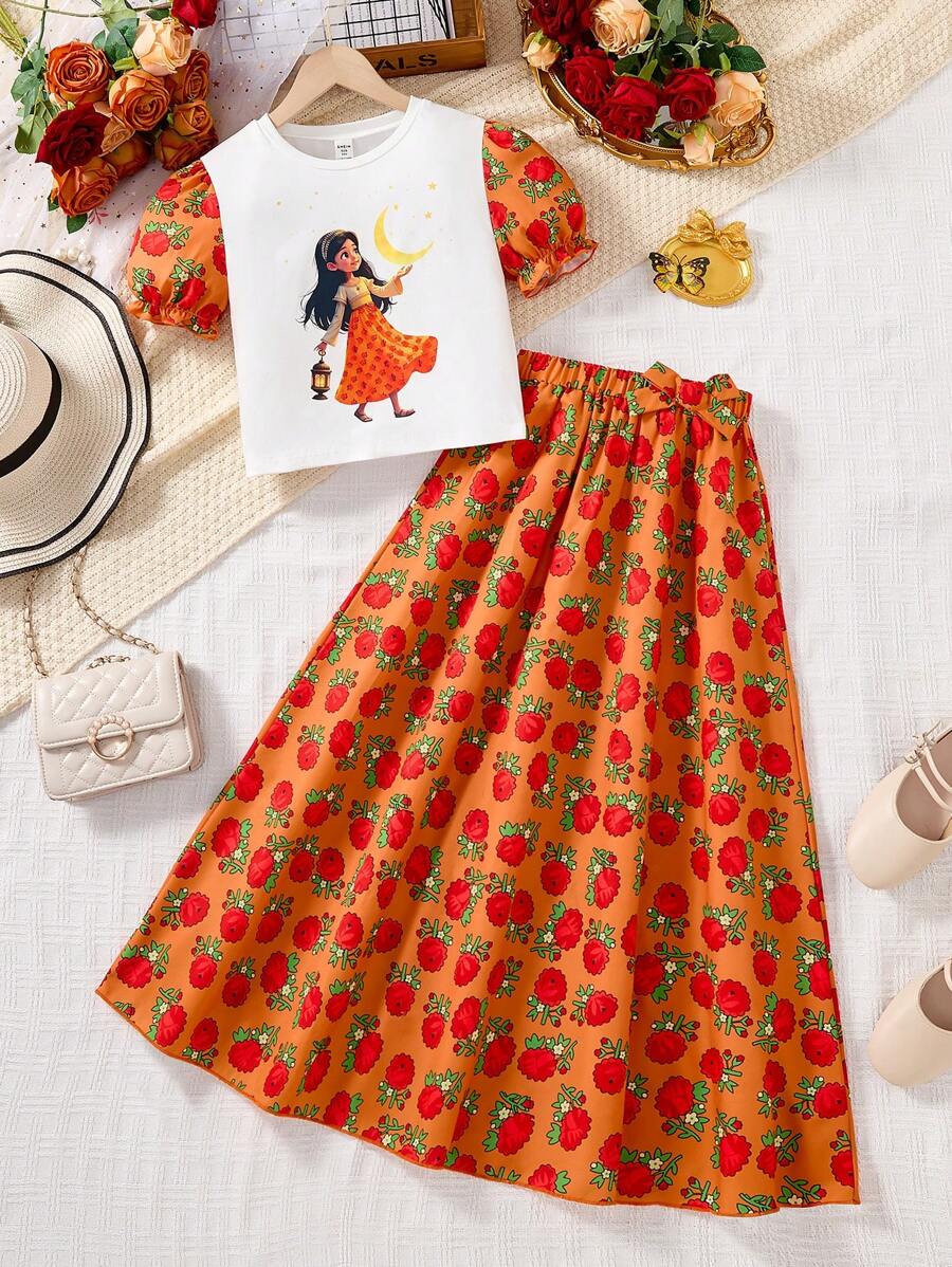 SHEIN Tween Girl 休闲斋月女孩印花泡泡袖上衣和花卉裙套装 - 白色 - 查看 1