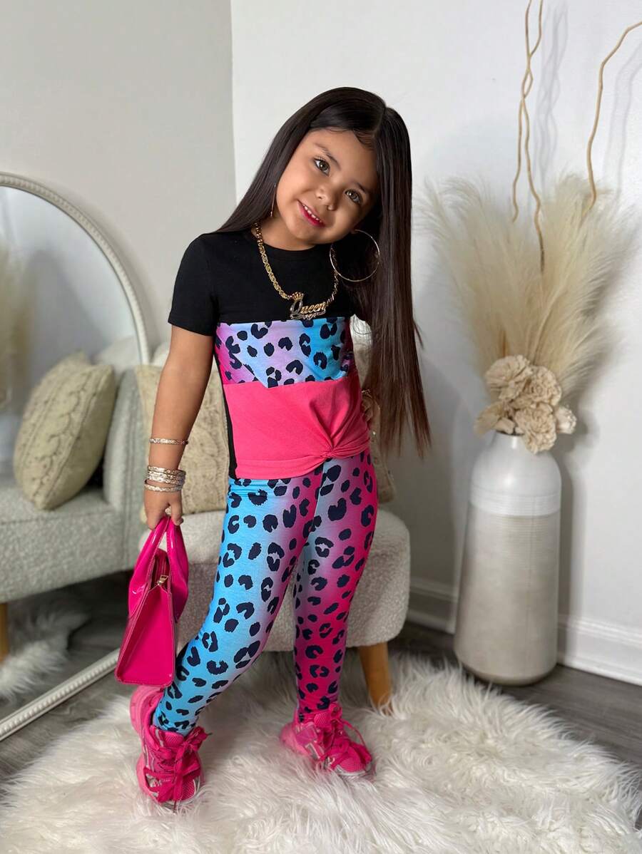 SHEIN Leap Crew SLAYR KIDS SLAYR KIDS Young Girls Colorful Leopard Print Round Neck Short Sleeve Top And Leopard Print Pants Set, Casual Everyday Outfits
