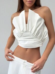 Aloruh Blusa Branca Sólida Minimalista com Silhueta Evasê Plissada e Elegante - Branco - Visão 3